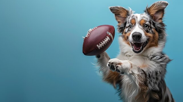 A cute Border Collie dog holds an American football in its paw while standing on a blue background.