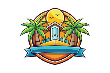 Modern Tropical Island Resort Vector Logo with Palm Trees and Sunset