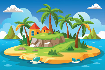 Tropical Island Villa Vector Illustration with Palm Trees and Scenic View