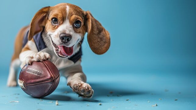 A cute beagle is running towards the camera with a football in its mouth. The background is blue.