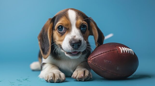 A cute beagle puppy with a football. Perfect for the football season!