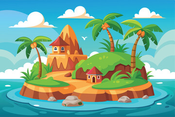 Colorful Tropical Island House Vector with Palm Trees and Scenic Landscape