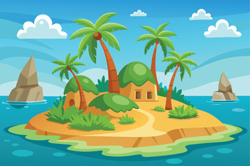Tropical Island Hut Vector Illustration with Palm Trees and Scenic View