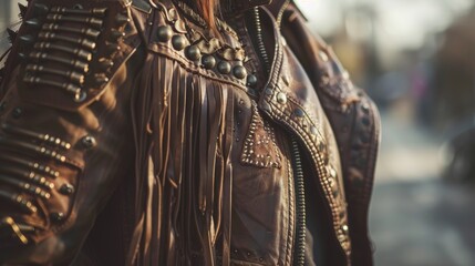 A fringed leather jacket is adorned with brass studs and gears giving it a futuristic western feel.