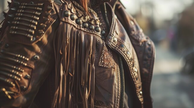A fringed leather jacket is adorned with brass studs and gears giving it a futuristic western feel.