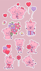 Cute pig characters stickers set. Festive birthday boy with balloons and gift, with bouquet flowers and candy, enamored couple. Isolated cartoon kawaii animals. Vector illustration. Kids collection