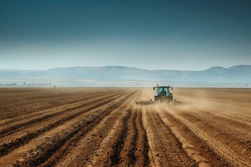 Fototapeta premium Agricultural scene - a tractor plowing the field, turning the soil for the new planting season, enhancing crop growth, and contributing to sustainable farming practices.