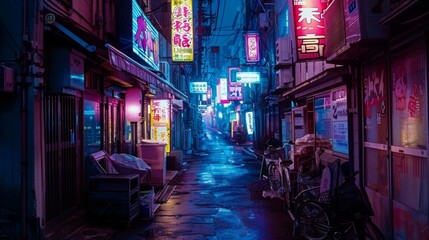 Naklejka premium An empty alleyway illuminated only by the glow of neon signs creating an eerie and otherworldly atmosphere. . AI generation.