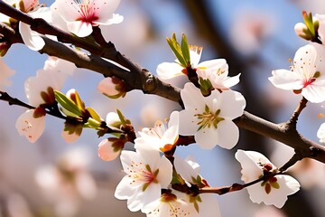 Close-up of a tree branch with pink flowers blooming, showcasing the beauty of nature in full bloom.