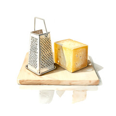 Watercolor illustration of parmesan cheese and cheese grader on white background