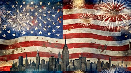 vector style abstract distressed wavy American Flag stars and New York city firework