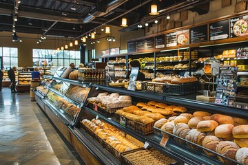 A well-lit, modern grocery store bakery section with fresh pastries and bread