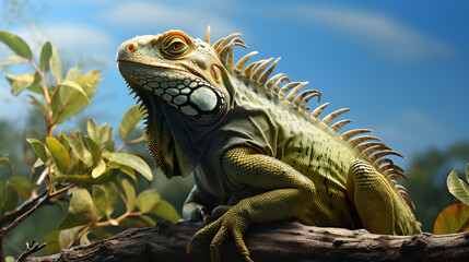 Obraz premium Iguana Perched on a Branch Among Lush Green Leaves
