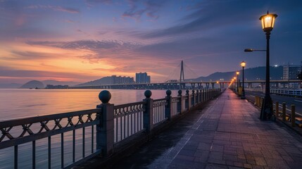 Fototapeta premium A coastal walkway with lit street lamps stretches toward the horizon during a serene sunset to serve as a calming travel backdrop.