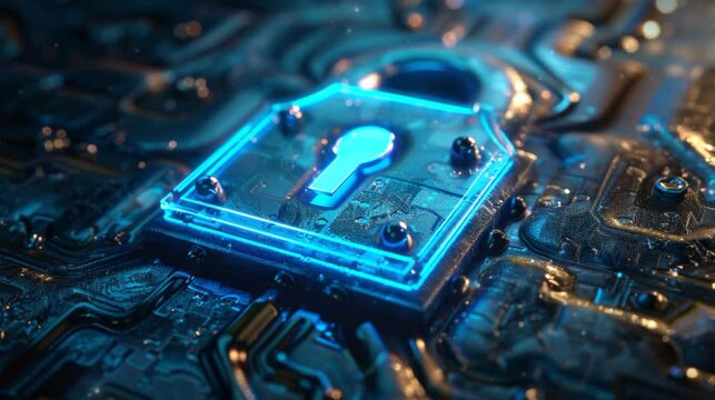 Animated digital padlock on a blue binary code background. Symbolizing cybersecurity and data protection.