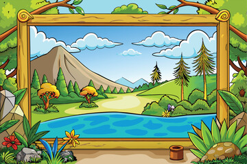 Scenic Framed Nature Landscape with Mountains and Lake Vector Illustration