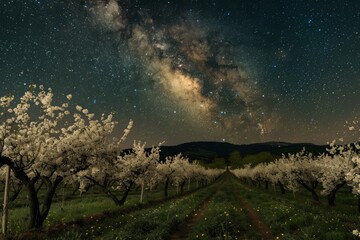 Fototapeta premium A scenic night view of a countryside orchard with blossoming trees under the stars
