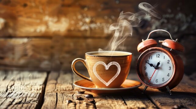 Cup of coffee with heart shape steam and alarm clock on wooden table.