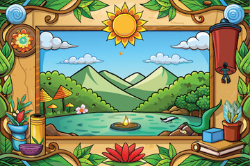 Colorful Nature Landscape in Wooden Frame Vector Art