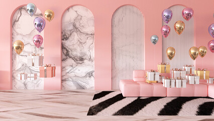 Colorful balloons flying in the room. 3D illustration, 3D rendering	
