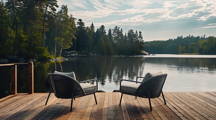 Fototapeta premium Two chairs on a wooden deck facing a lake In the background with a big amount of chairs
