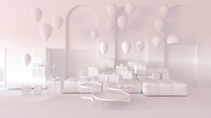 Colorful balloons flying in the room. 3D illustration, 3D rendering