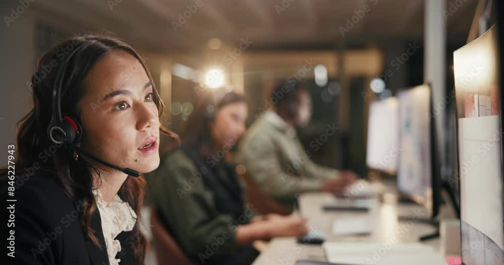 Sticker Woman, call center and consultant with headphones at night for customer service or support at office. Female person, employee or agent talking for communication, CRM or telemarketing at workplace