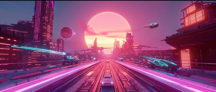 Create a futuristic cityscape with towering holographic skyscrapers and sleek flying cars
