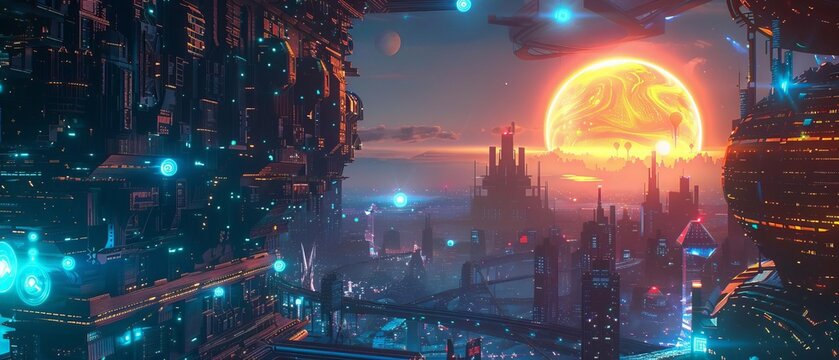 Create a futuristic cityscape with towering holographic skyscrapers and sleek flying cars