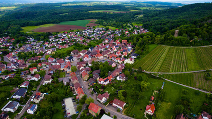 Aerial around the old town of the city Sternenfels on a spring day around noon in Germany	
