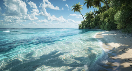 pristine sandy beaches lined with swaying palm trees, where azure waters the shore.the essence of relaxation and escape, making it an ideal choice for travelers seeking a tropical retreat