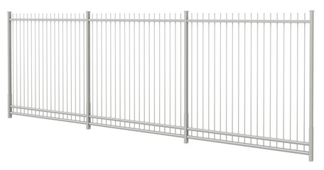 3D illustration showcases a modern security fence featuring galvanized steel pickets with sharp, wrought iron tips (transparent background). Ideal for adding a touch of elegance and security