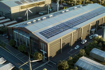 Design a birds-eye view of a modern eco-friendly manufacturing facility powered by renewable energy sources, featuring solar panels and wind turbines,