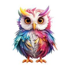 A colorful owl with bright feathers and large eyes.  The owl is standing on a selected background.