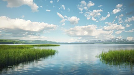 Sky above a lake and grassy shore