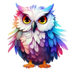 Fototapeta premium Image of a colorful, cartoon owl with large, bright eyes and rainbow feathers.