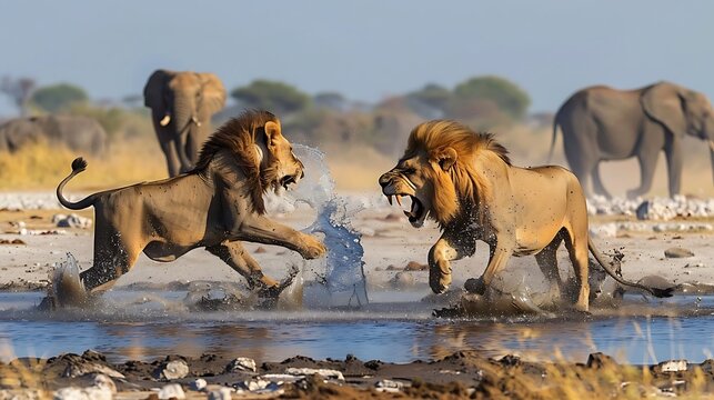 Two lions fighting in front of elephants at waterhole