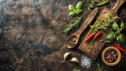 Herbs and spices on rustic wooden table