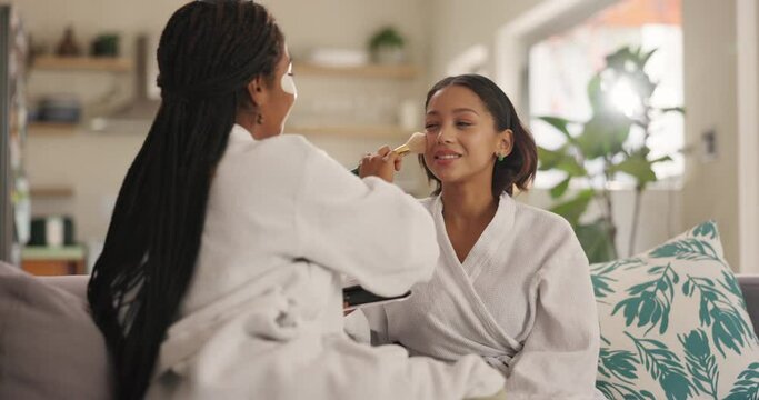Friends, home and women with makeup for beauty, skincare and makeover in living room. Pamper, salon and people with brush, cosmetics and spa products for bonding, relax and getting ready for event