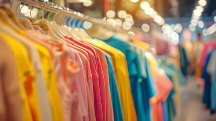 Close-up of colorful summer clothes on a rack in a store, vibrant patterns and bright hues, lively shopping atmosphere