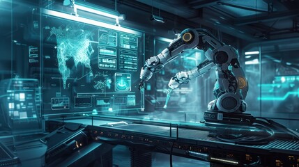 Future robot arm performs precision automatic love in the future by remote control hospital wide banner design with information screen.