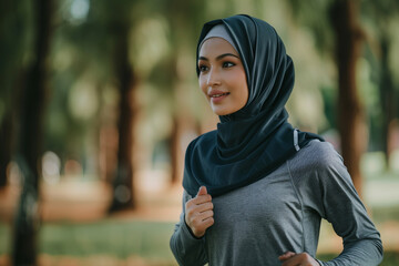 A woman wearing a pink scarf and a grey jacket is running in a park. Concept of determination and focus as the woman runs through the park