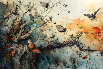 Design an artistic composition of a panoramic landscape where edible insects are the main focus