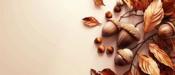 Fototapeta premium 3D acorns and leaves on matte background, ample copy space, warm hues,
