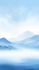 Blue toned foggy landscape painting