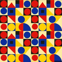 Obraz premium Seamless pattern of halftone retro geometric shapes in primary colors, Generative AI