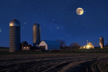 A night view of a countryside farm with silos and barns under the glow of the moon