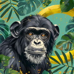Jungle Mischief: Monkey Head Surrounded by Foliage and Banana