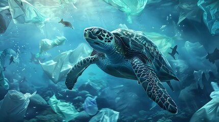 Obraz premium Underwater turtle floating among plastic bags concept of pollution of water environment