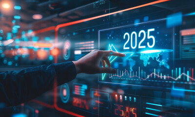 Fototapeta premium Businessman touching a virtual screen with a growth arrow graph and text 